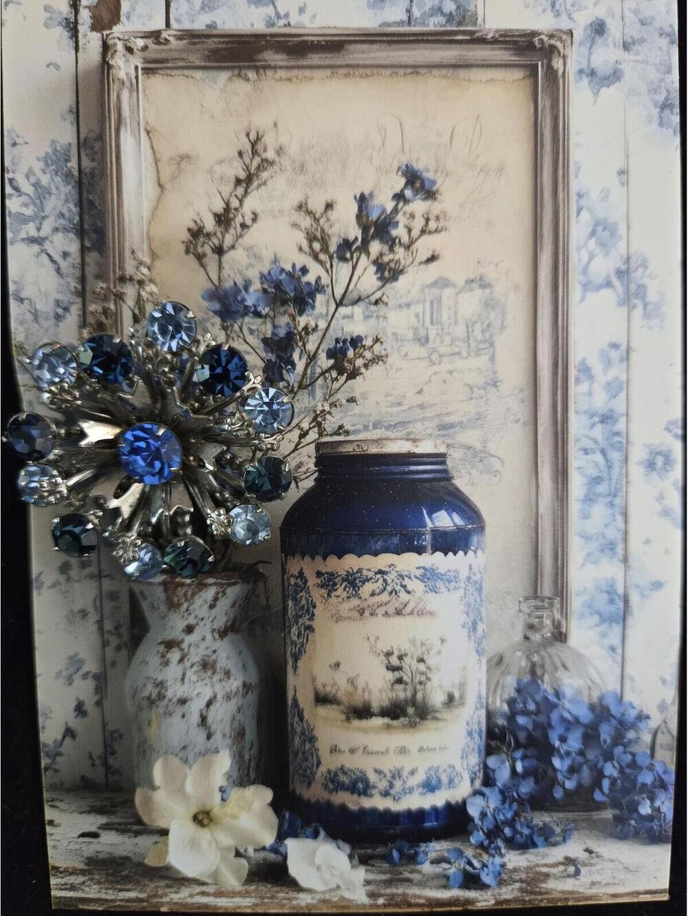 Vintage Blue Rhinestone Flower Brooch Pin and card set